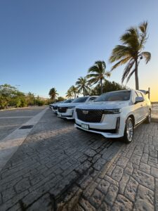 A fleet of white Cadillac Escalade SUVs, perfect for Cancun airport transportation, are parked on a stone driveway under a sunrise sky with palm trees in the background.