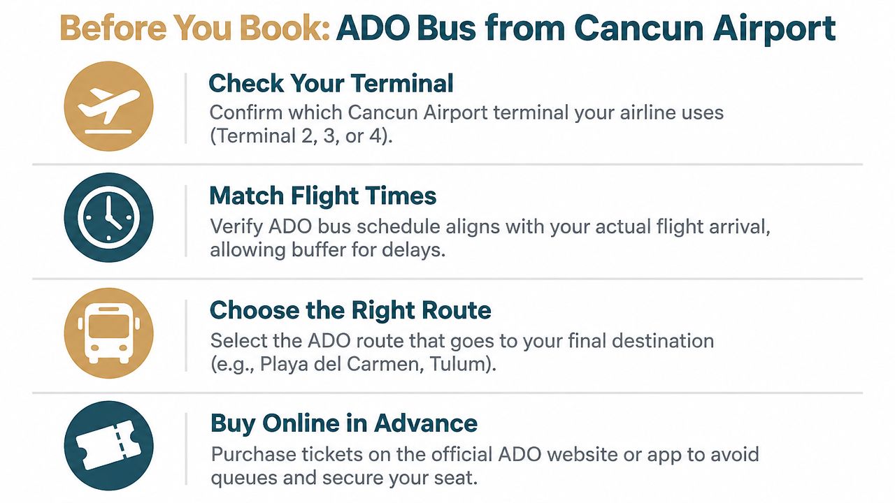 A checklist for travelers booking an ADO bus from Cancun Airport, highlighting key planning tips.