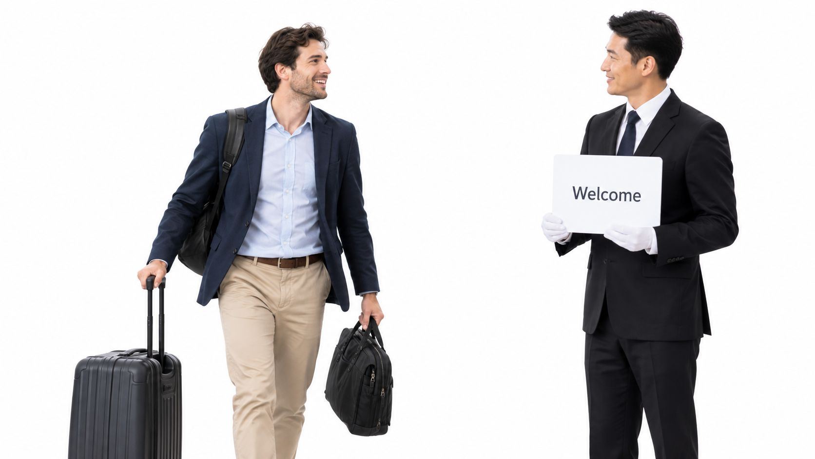 A professional chauffeur holding a welcome sign greets a traveler arriving at the airport with luggage.
