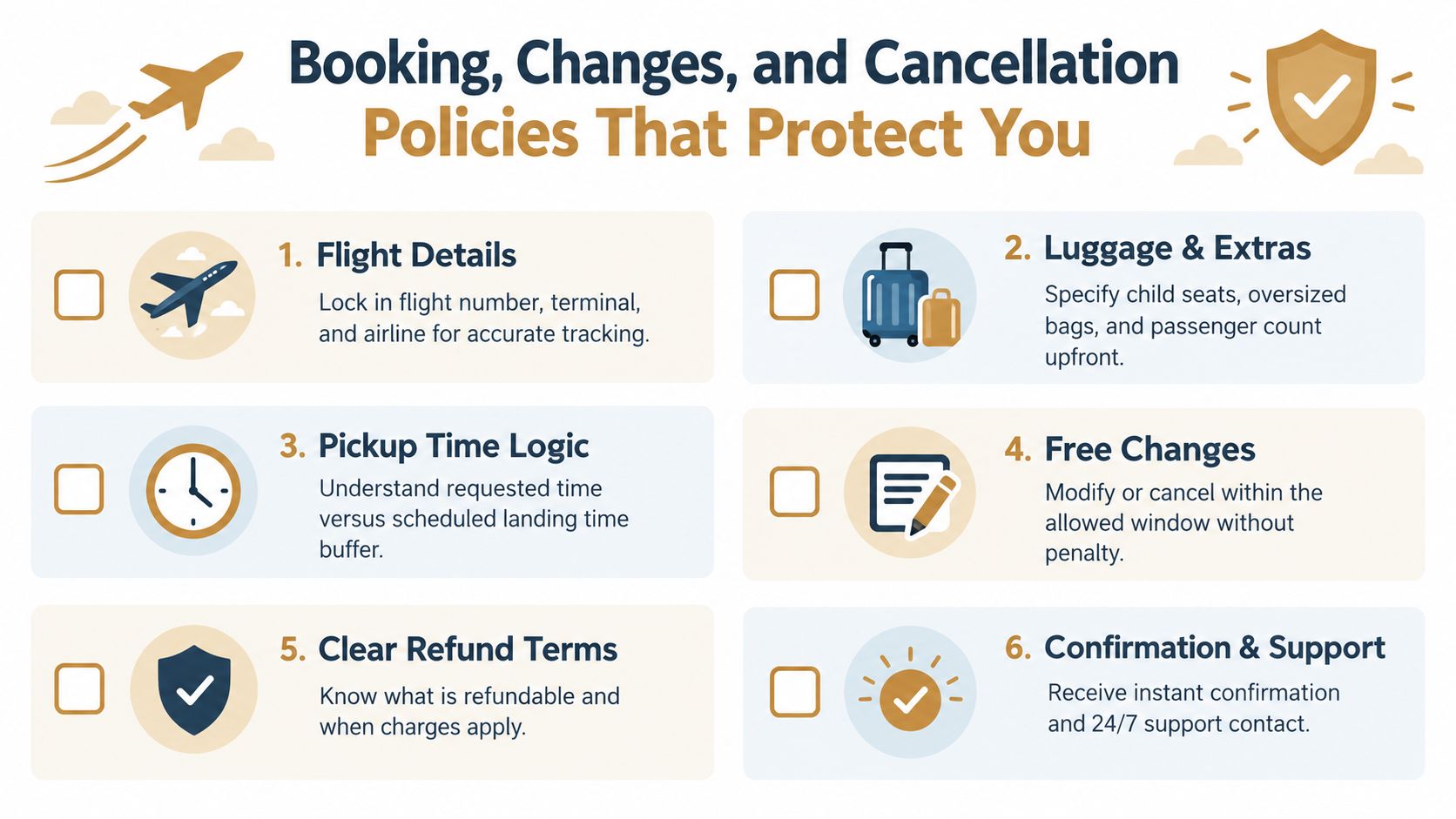 A graphic outlining six essential booking, change, and cancellation policies for airport car service providers.