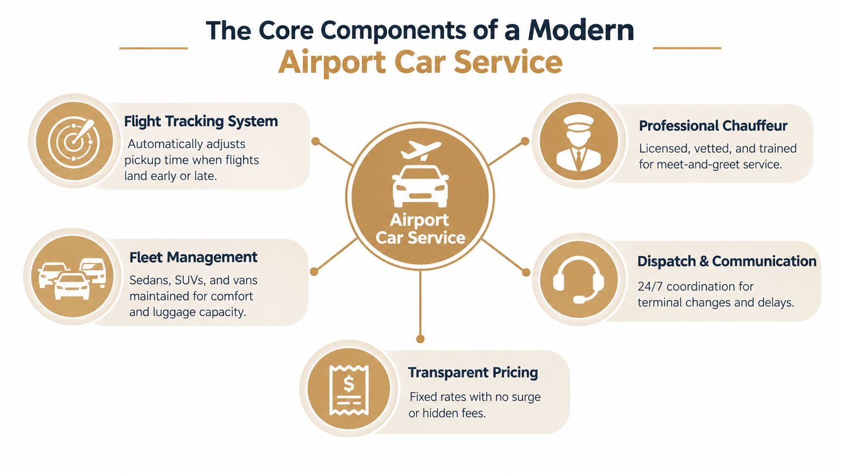An infographic showing the five core components of a modern airport car service with descriptive icons.