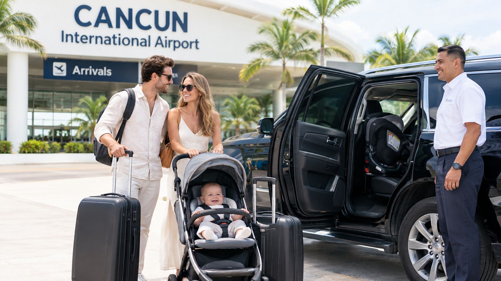 A family with a baby in a stroller arriving at Cancun International Airport with private car service.