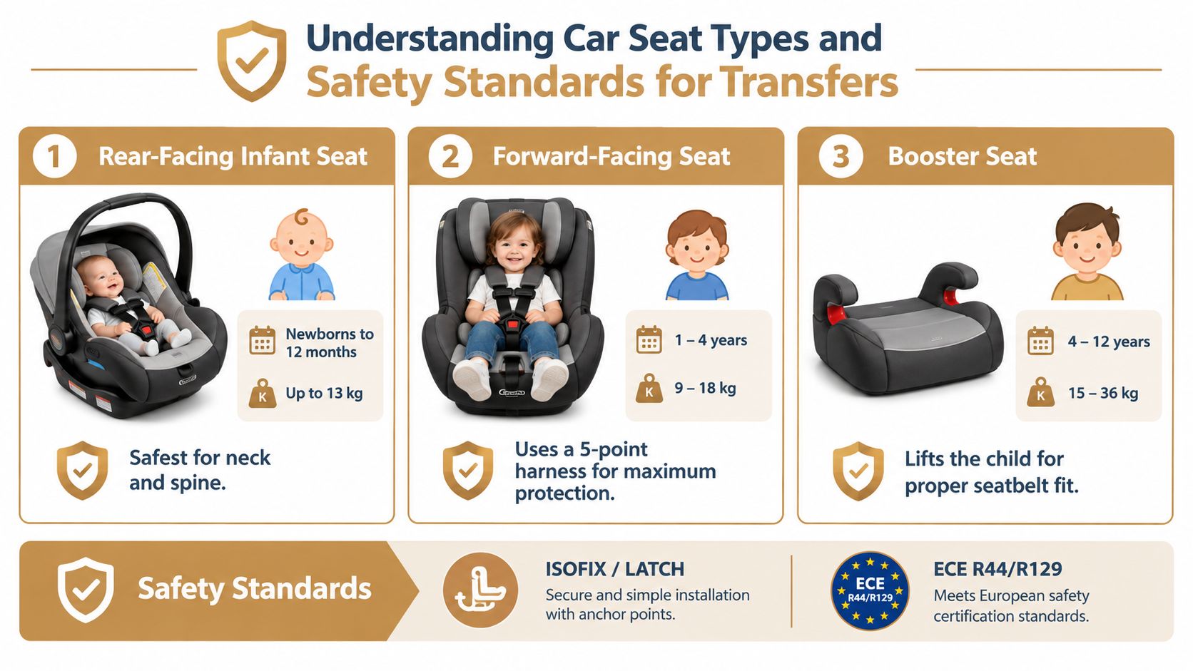 A helpful infographic comparing three types of children's car seats for safety and proper age usage.