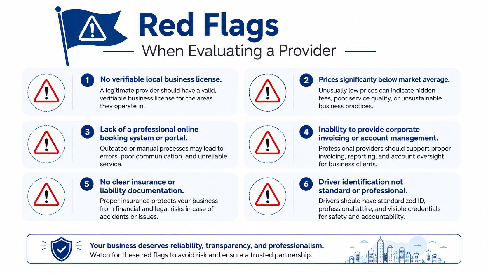 An infographic listing six common red flags to watch for when evaluating a professional service provider.