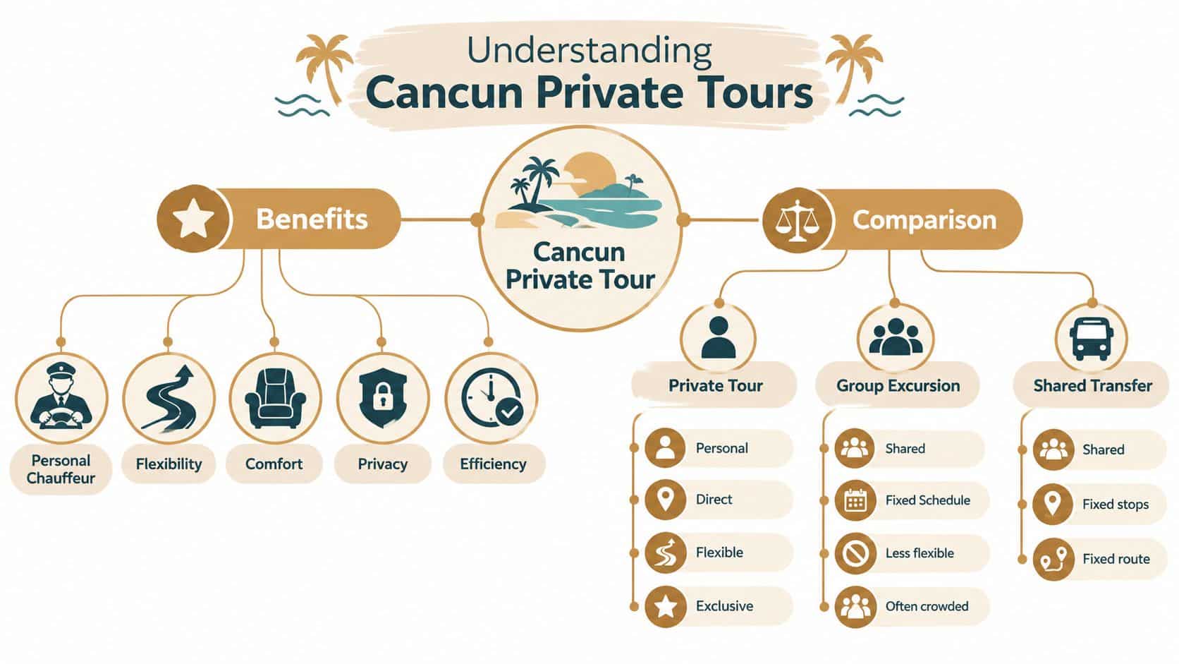 A colorful infographic explaining the benefits and comparisons of booking a private tour in Cancun, Mexico.