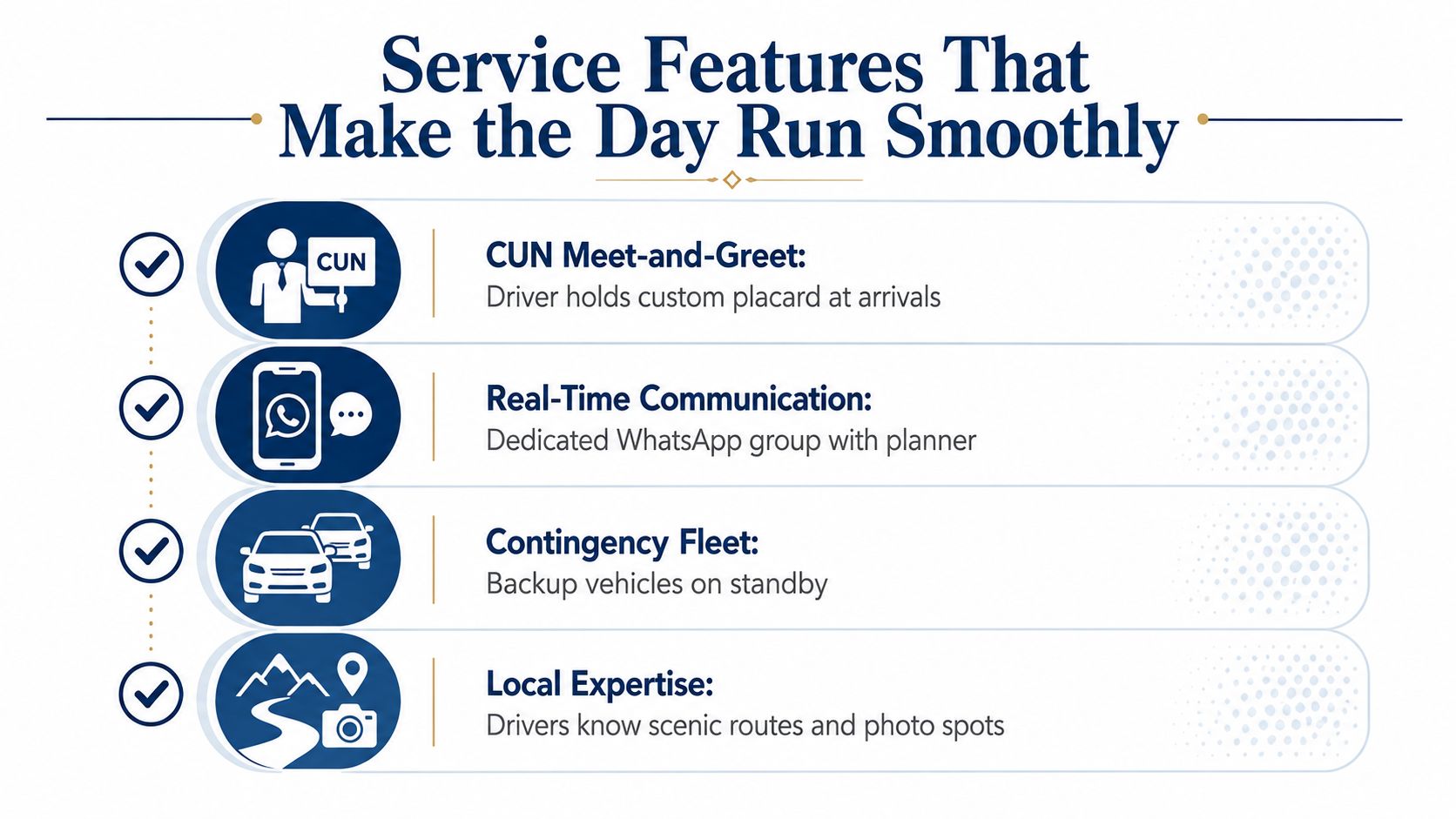 A list of four premium service features for transportation, featuring meet and greet, real-time communication, backup vehicles, and local expertise.