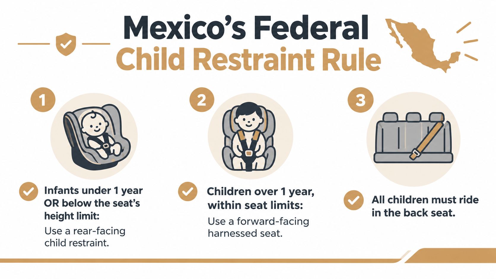An infographic showing Mexico's federal child restraint rules for car seats and passenger safety.
