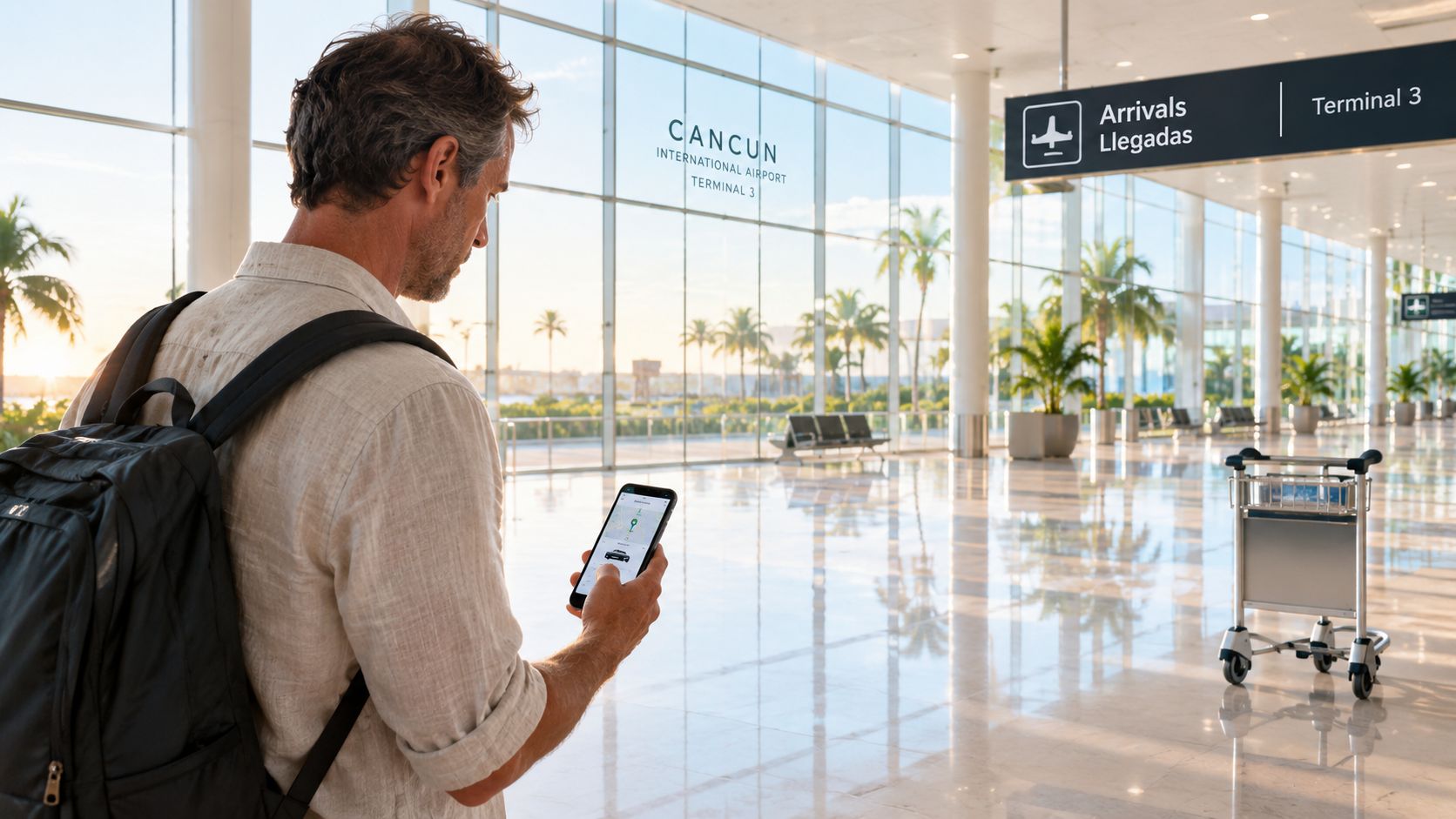 A man wearing a backpack checks his phone at Cancun International Airport near the arrival terminal.