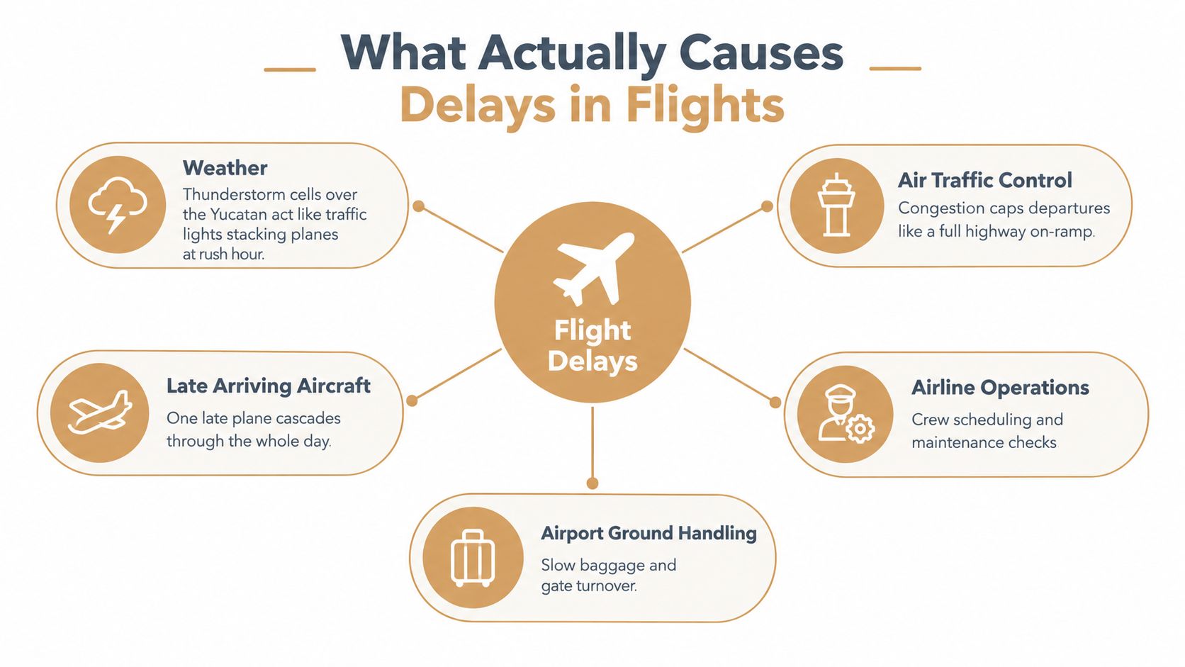 An infographic titled What Actually Causes Delays in Flights, listing five major factors contributing to air travel delays.