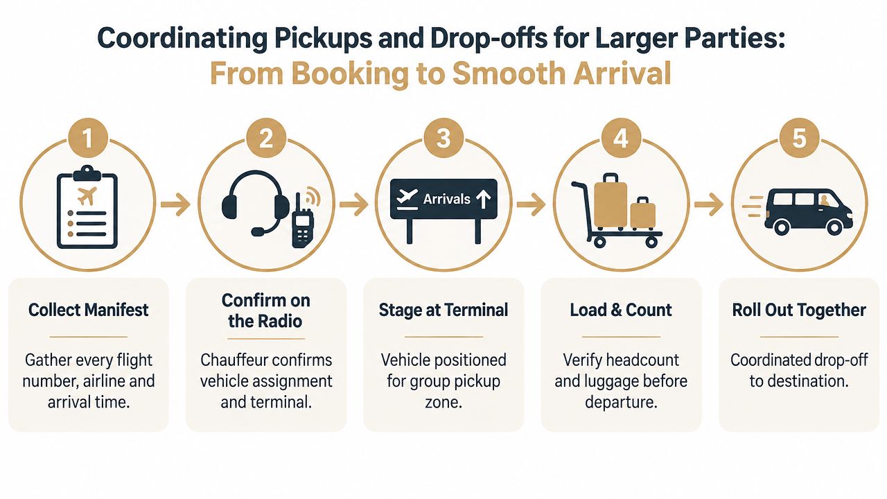 A five-step infographic showing the professional process for coordinating airport pickup and drop-off services for groups.