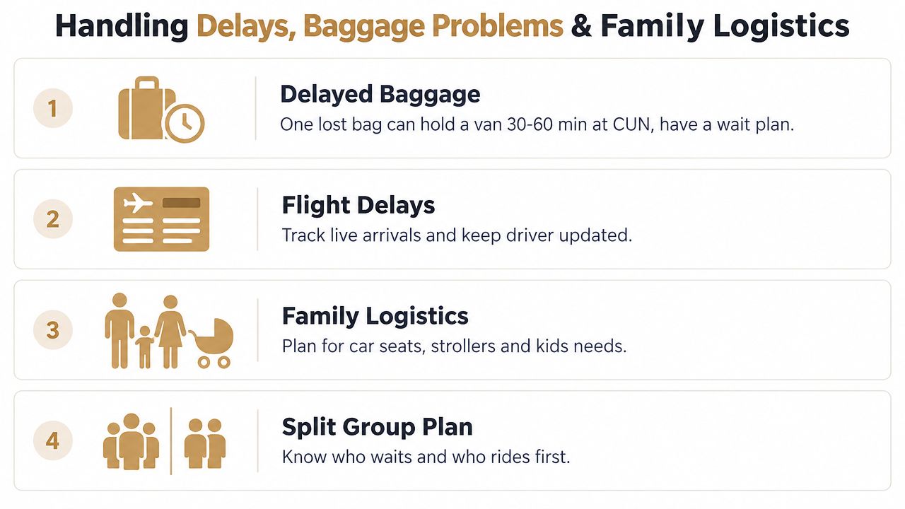 A four-point infographic guide on managing travel logistics including baggage delays, flight changes, family needs, and group transfers.