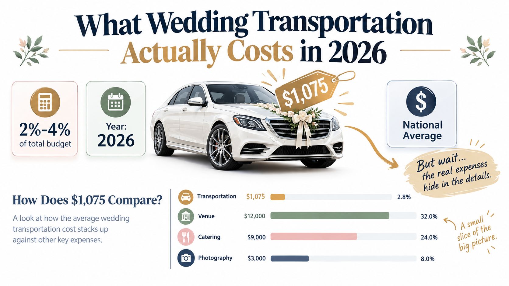 An infographic showing the 2026 national average cost of wedding transportation is one thousand seventy five dollars.