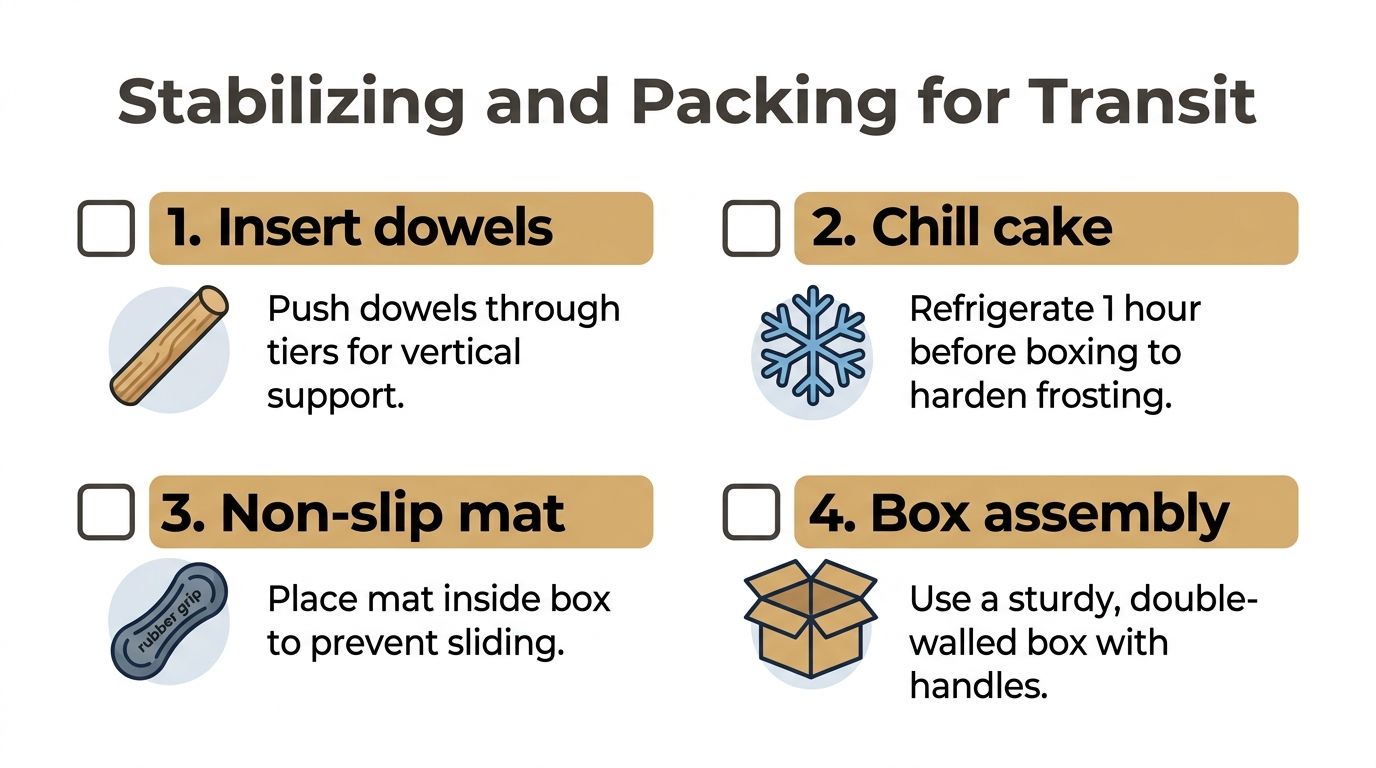 A checklist with four steps for stabilizing and packing a multi-tiered cake for safe transit.