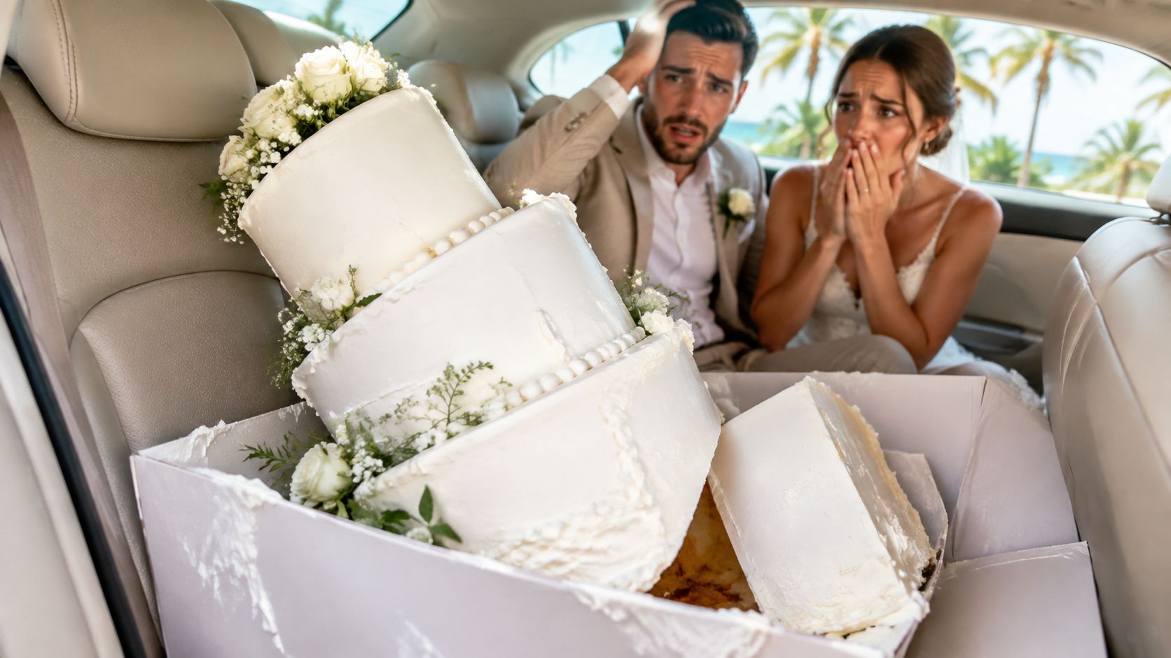 A distressed bride and groom sitting in the backseat of a car with a damaged wedding cake.