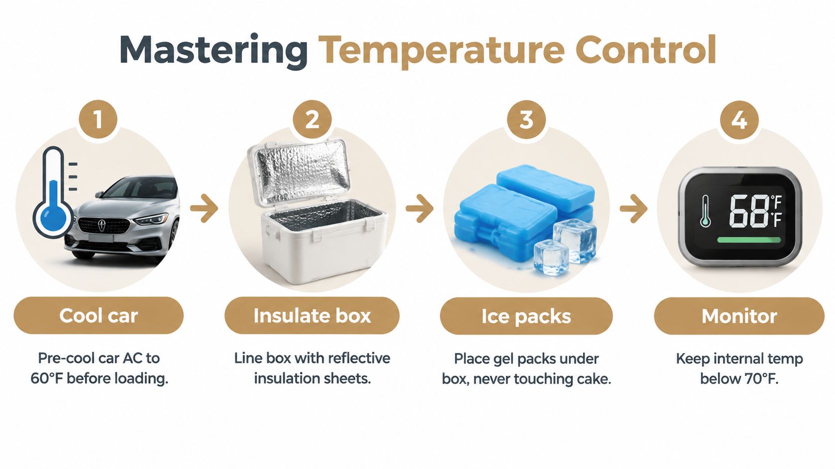 A four-step infographic illustrating how to maintain temperature control while transporting a delicate cake by car.