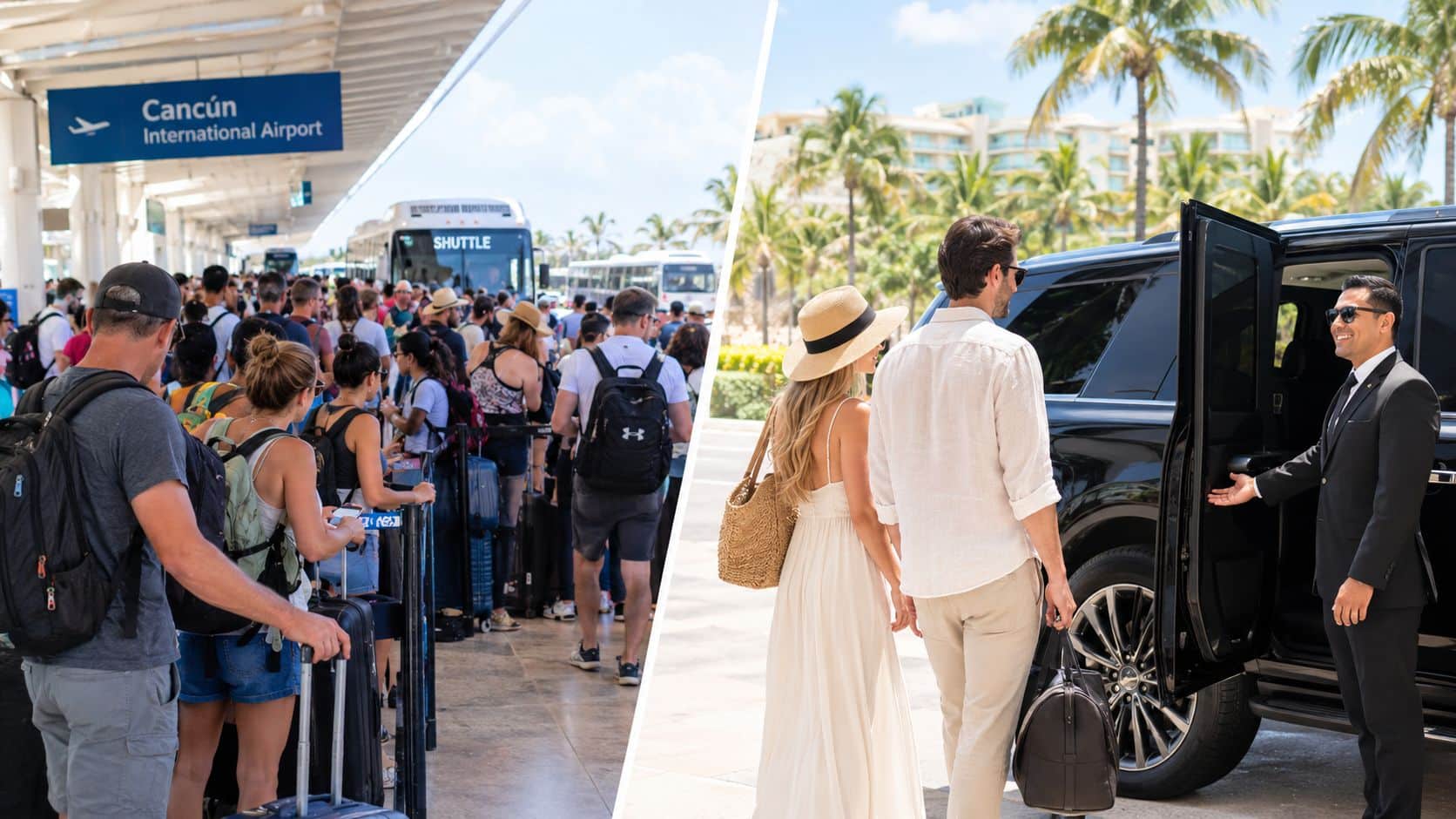 A split-screen comparison showing a crowded airport shuttle line versus a private luxury chauffeur service experience.
