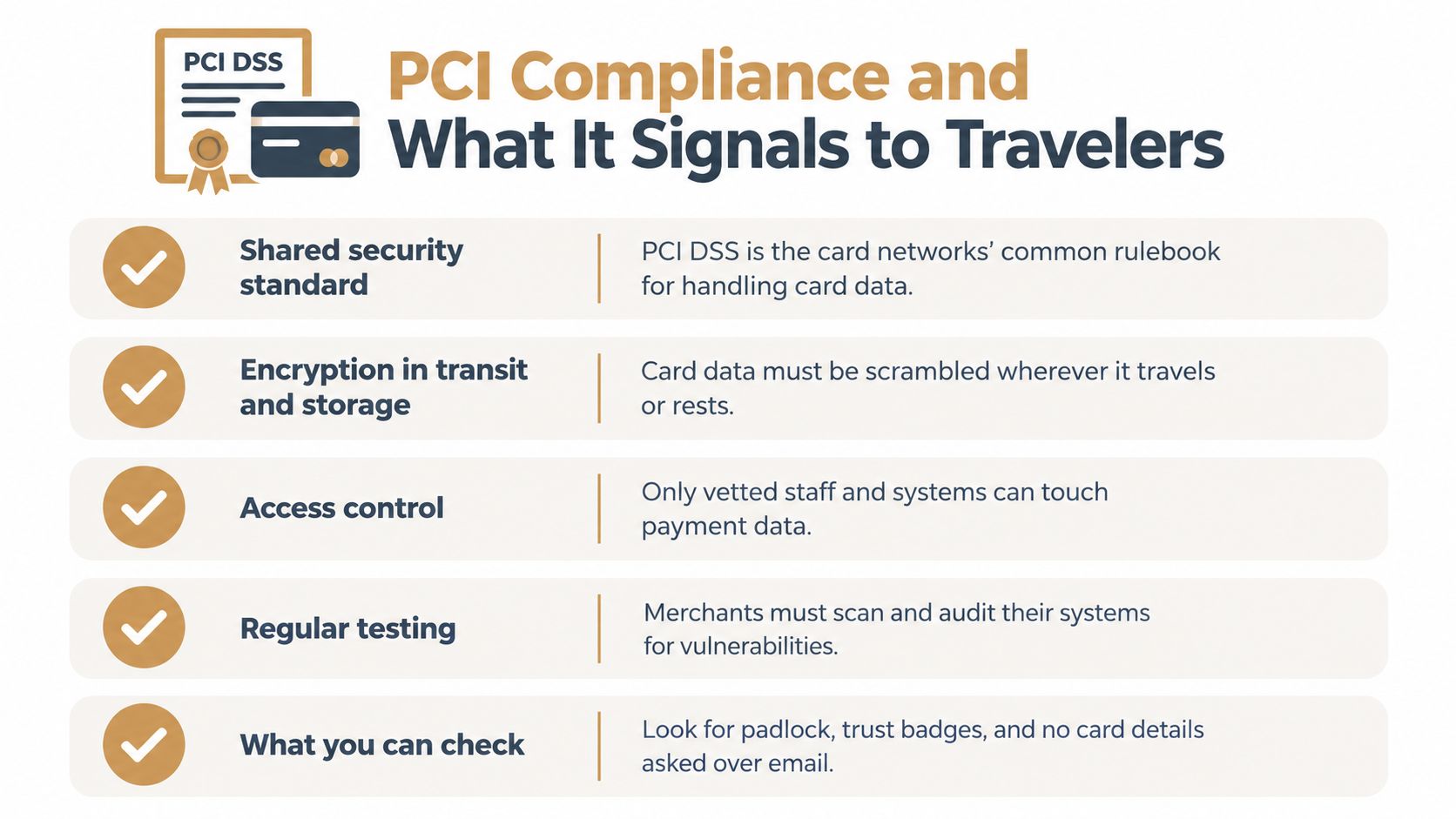 An infographic titled PCI Compliance explaining security standards, encryption, access control, testing, and safety tips for travelers.