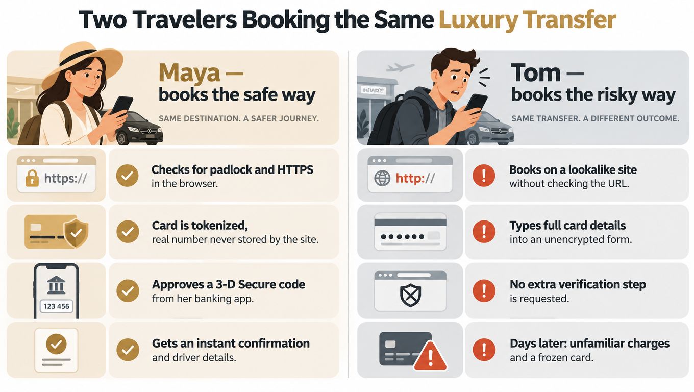 An infographic comparing secure versus risky online booking habits for a luxury travel transfer service.
