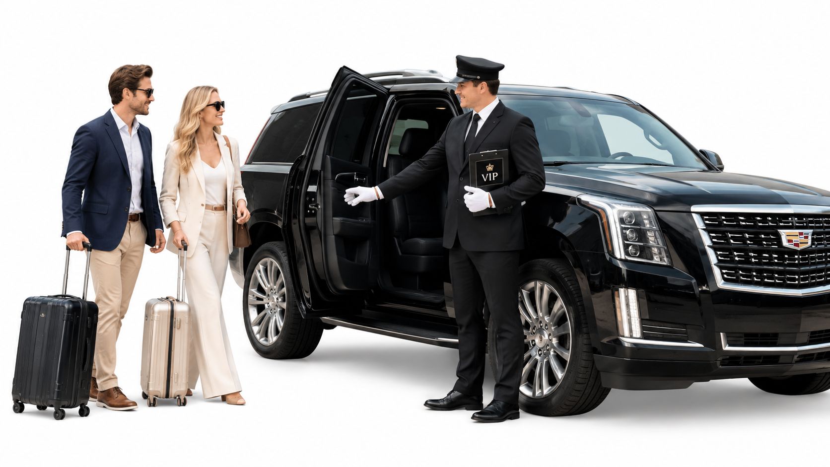 A professional chauffeur opens the car door for a well-dressed couple arriving with their luggage for transport.