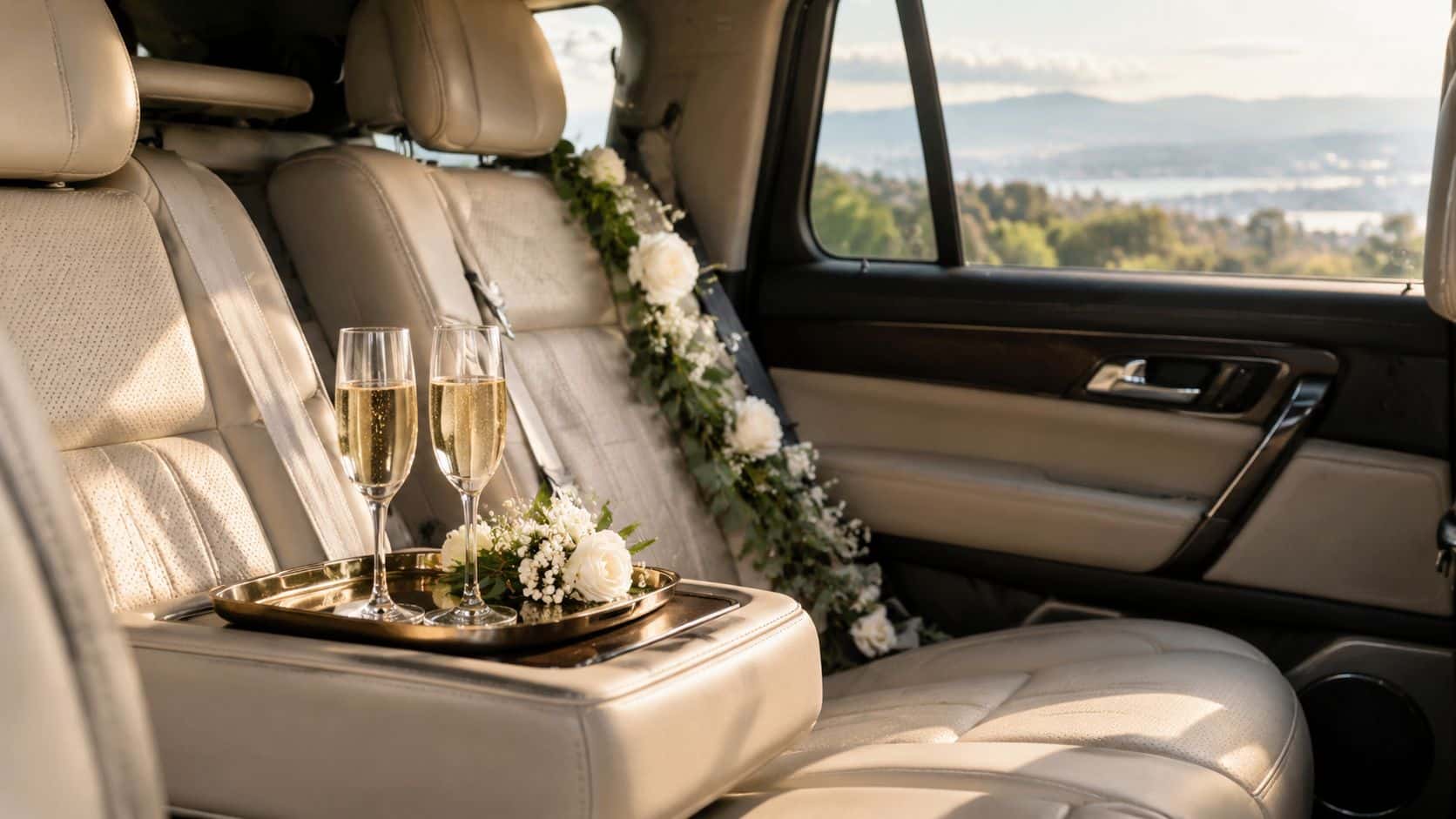 Two champagne flutes on a golden tray with floral decorations inside a luxury wedding car