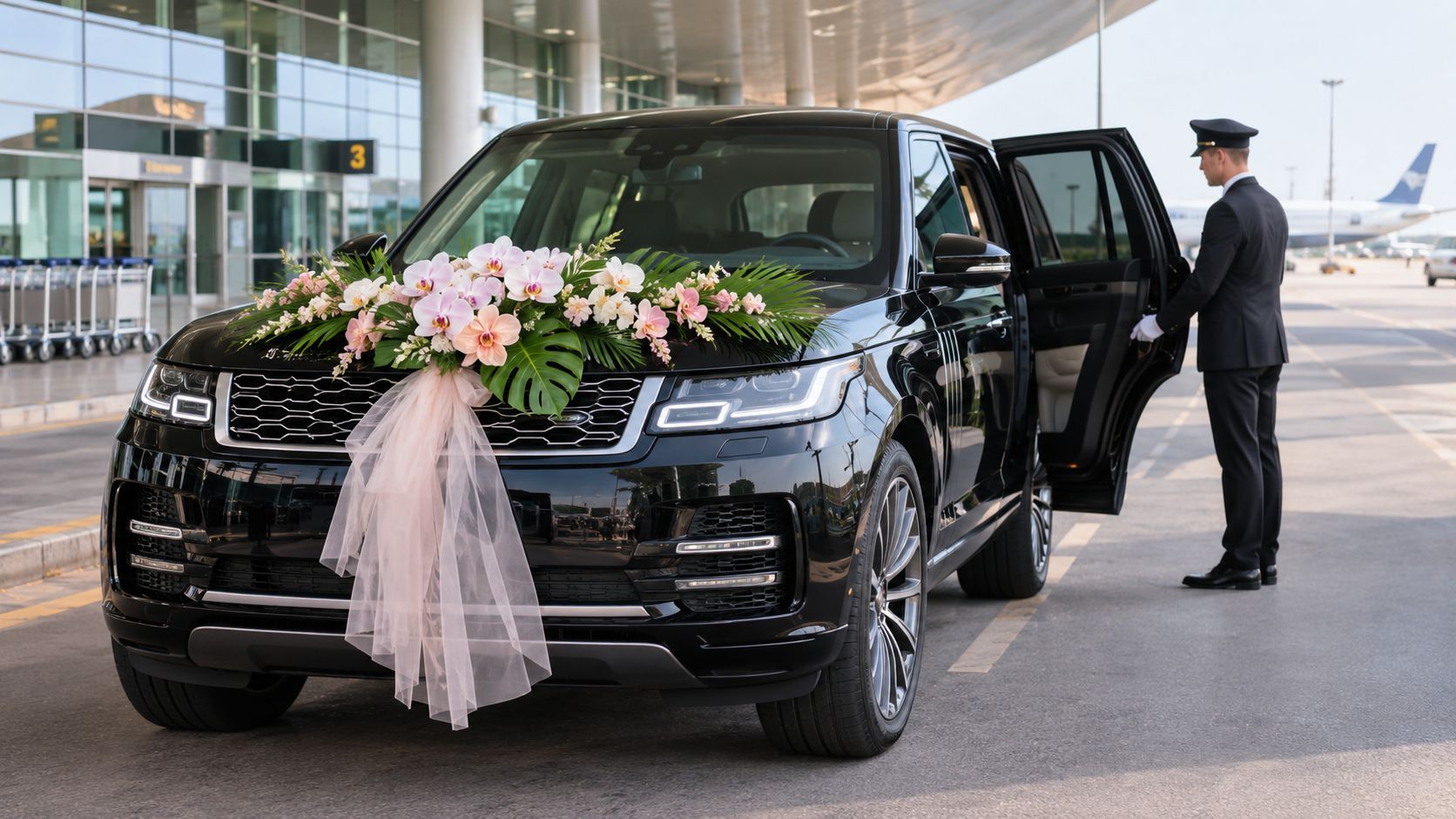 A black Range Rover wedding car decorated with fresh flowers and tulle, parked with a chauffeur standing nearby.