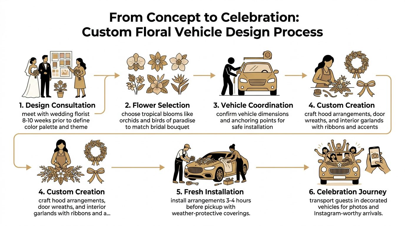 An infographic showing the six-step process for designing custom floral decorations for a wedding car.