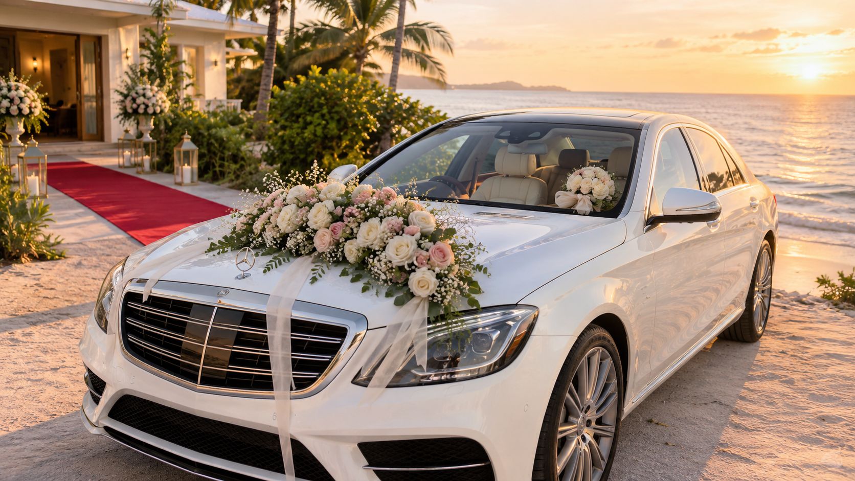 A luxurious white wedding car decorated with fresh flowers parked on a sandy beach at sunset.