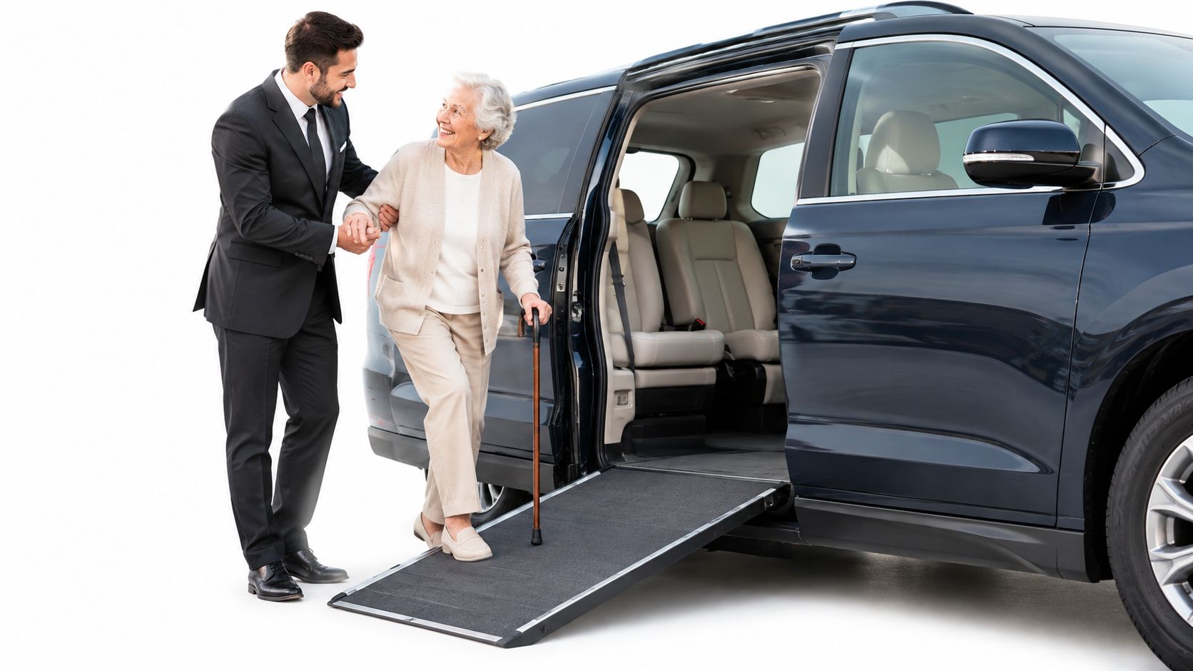 A professional chauffeur in a suit helping an elderly woman with a cane enter a luxury vehicle.