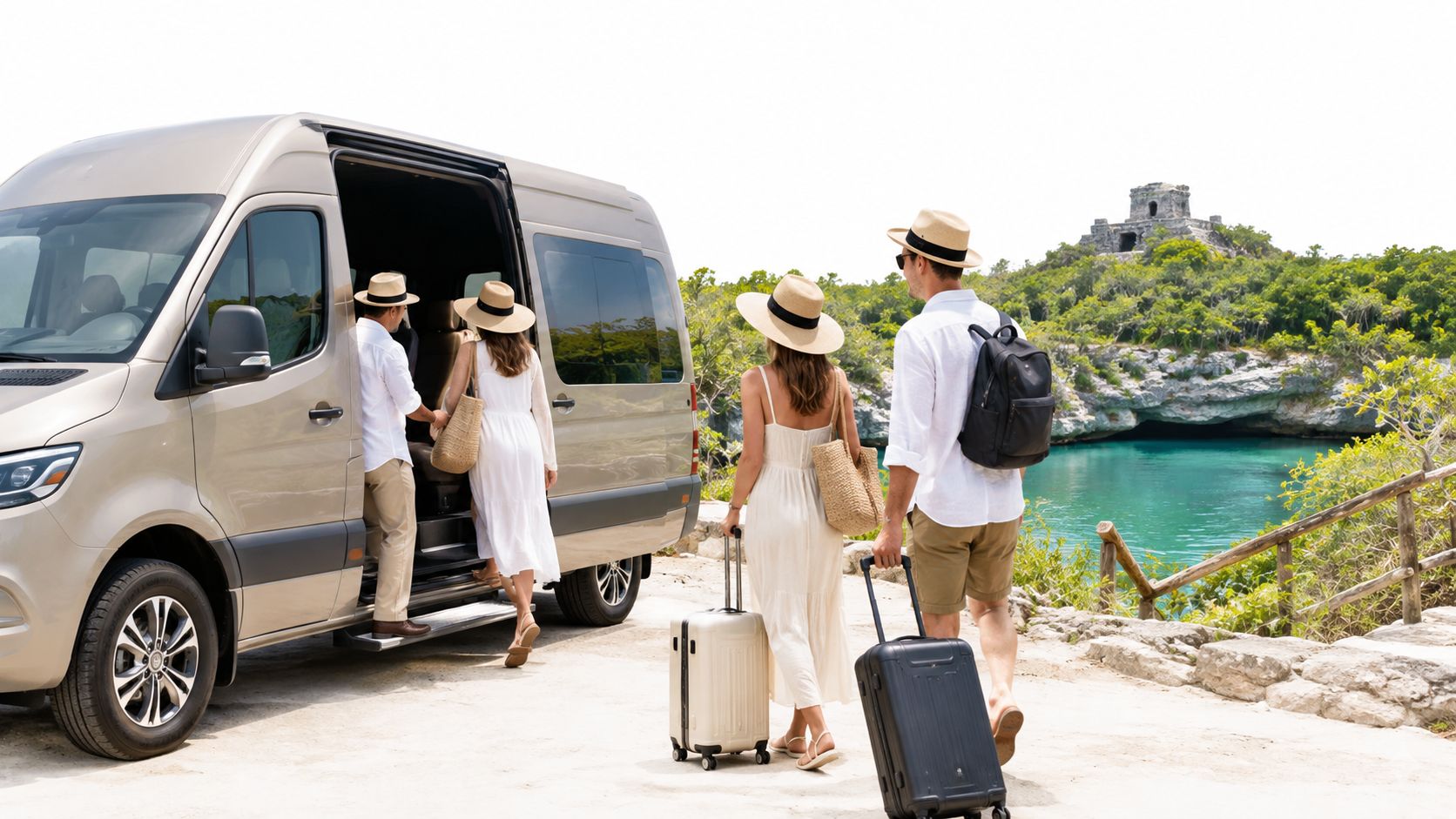 A couple and their guests arriving at a tropical destination wedding venue by van near a ruin.