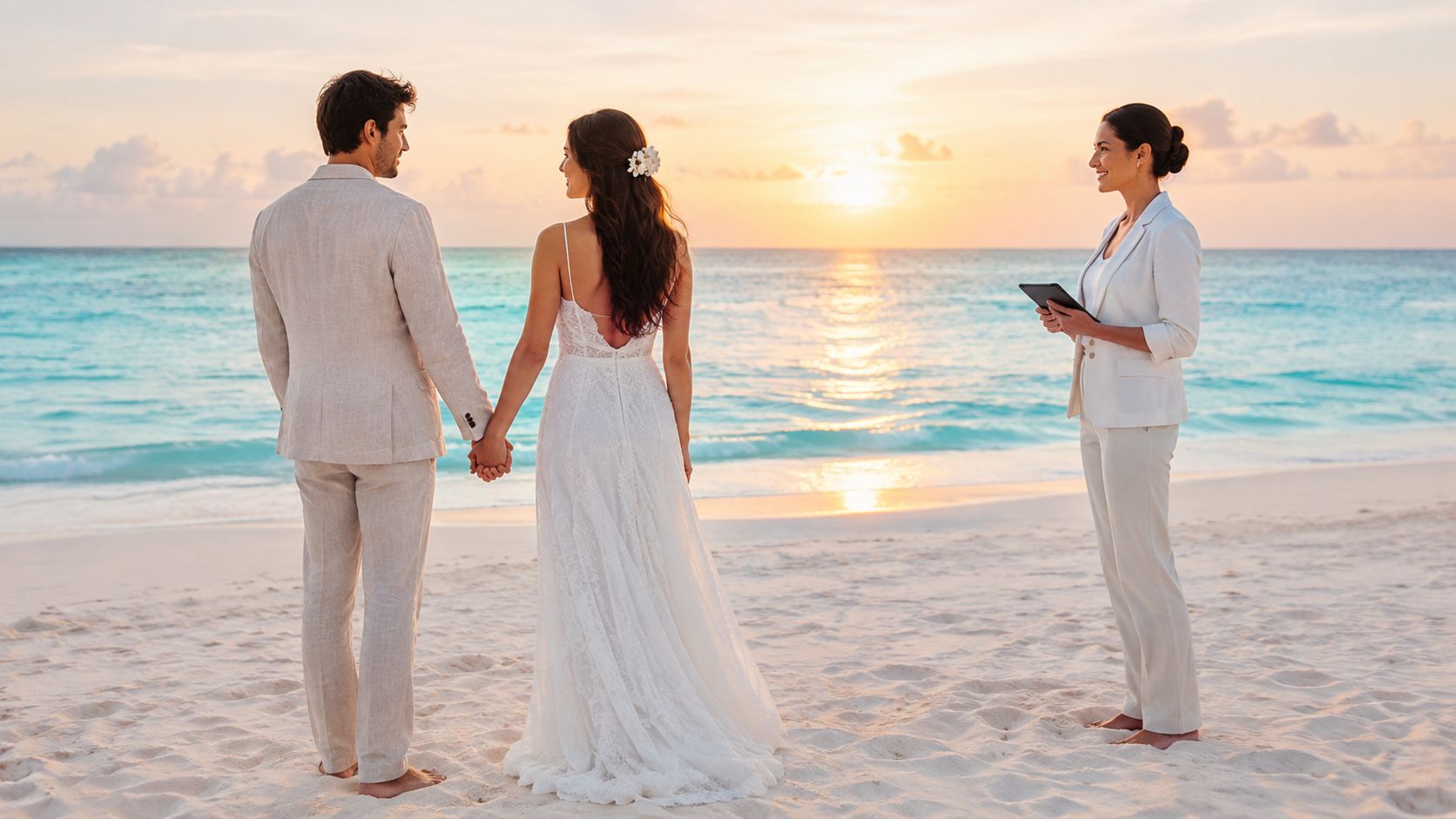 A couple holding hands during their intimate beach wedding ceremony officiated by a professional wedding planner.