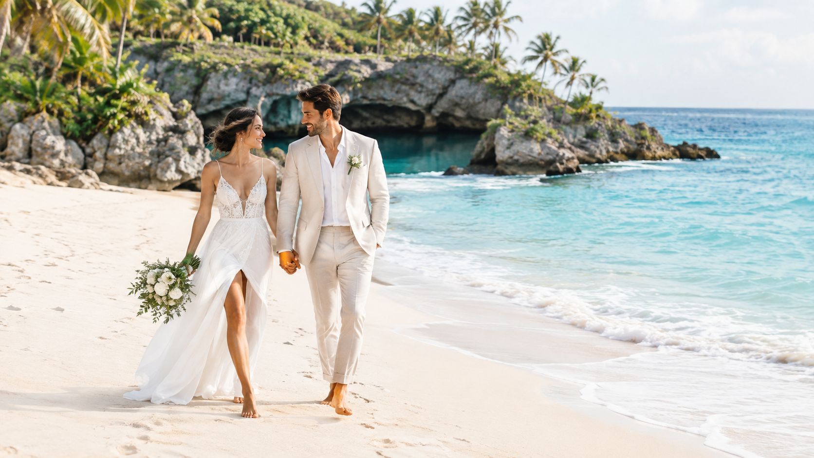 A newly married couple walks hand in hand along a tropical beach at their scenic destination wedding.