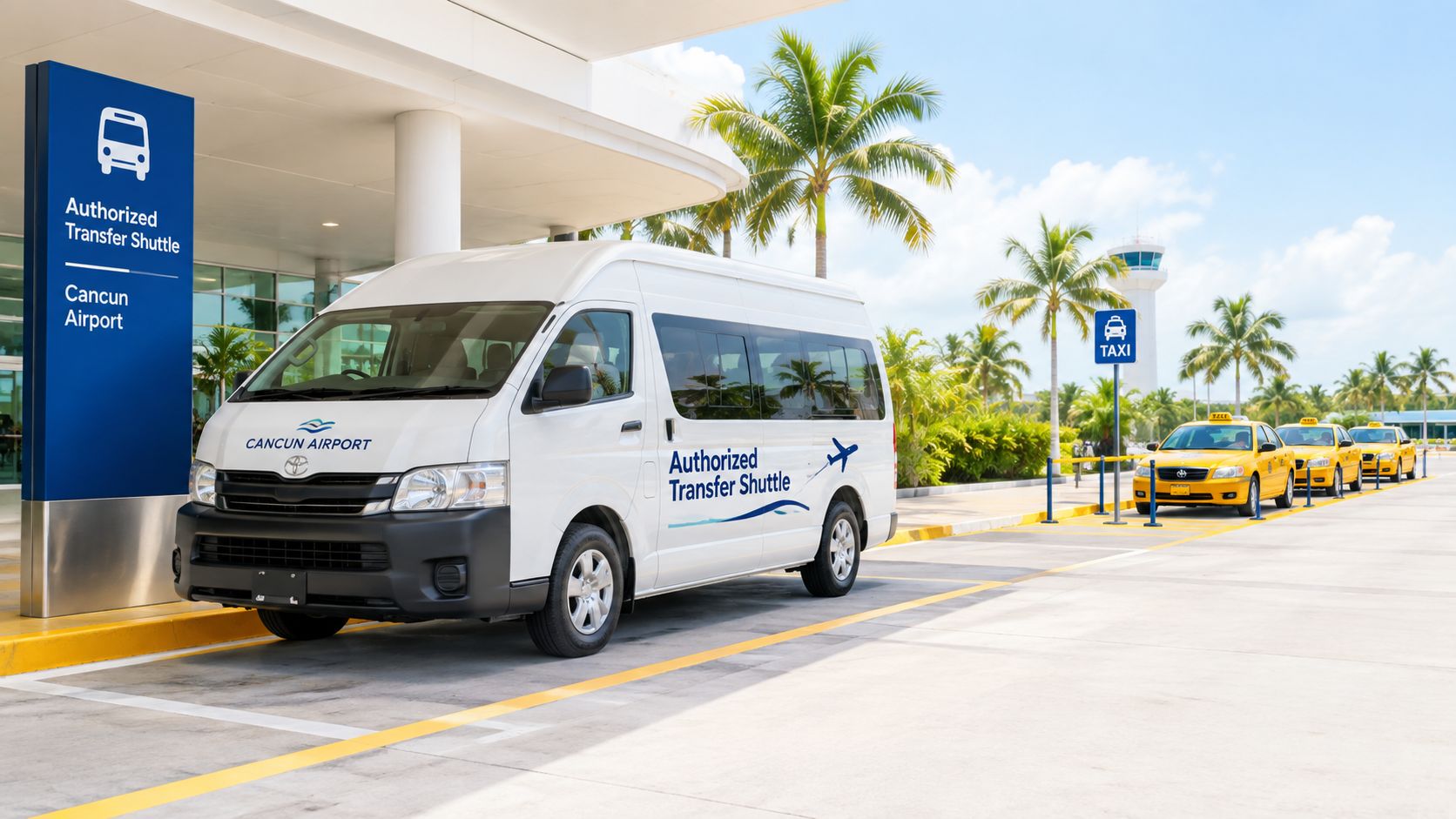 A white shuttle van parked at the Cancun Airport with a line of yellow taxis waiting nearby.