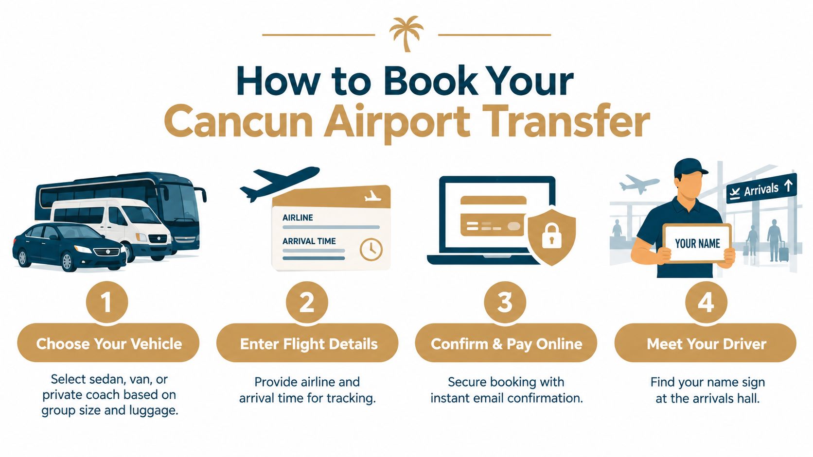 An infographic showing four simple steps to book a private Cancun airport transfer service online.
