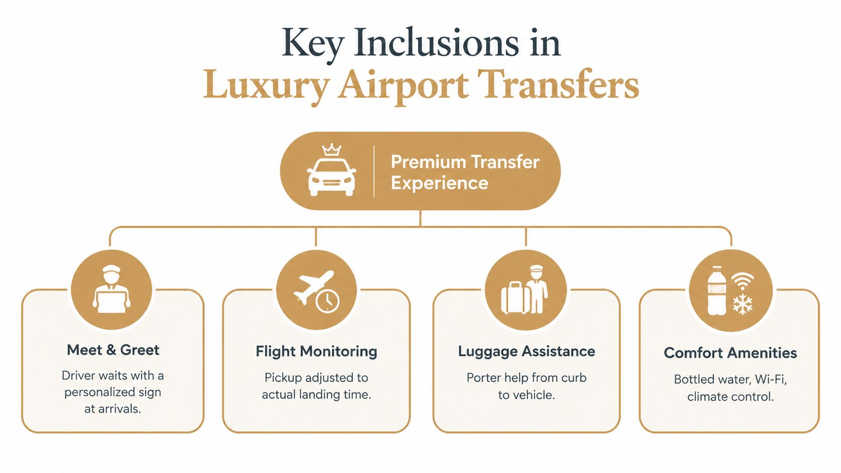 A diagram outlining the premium benefits included in luxury airport transfer services for travelers.