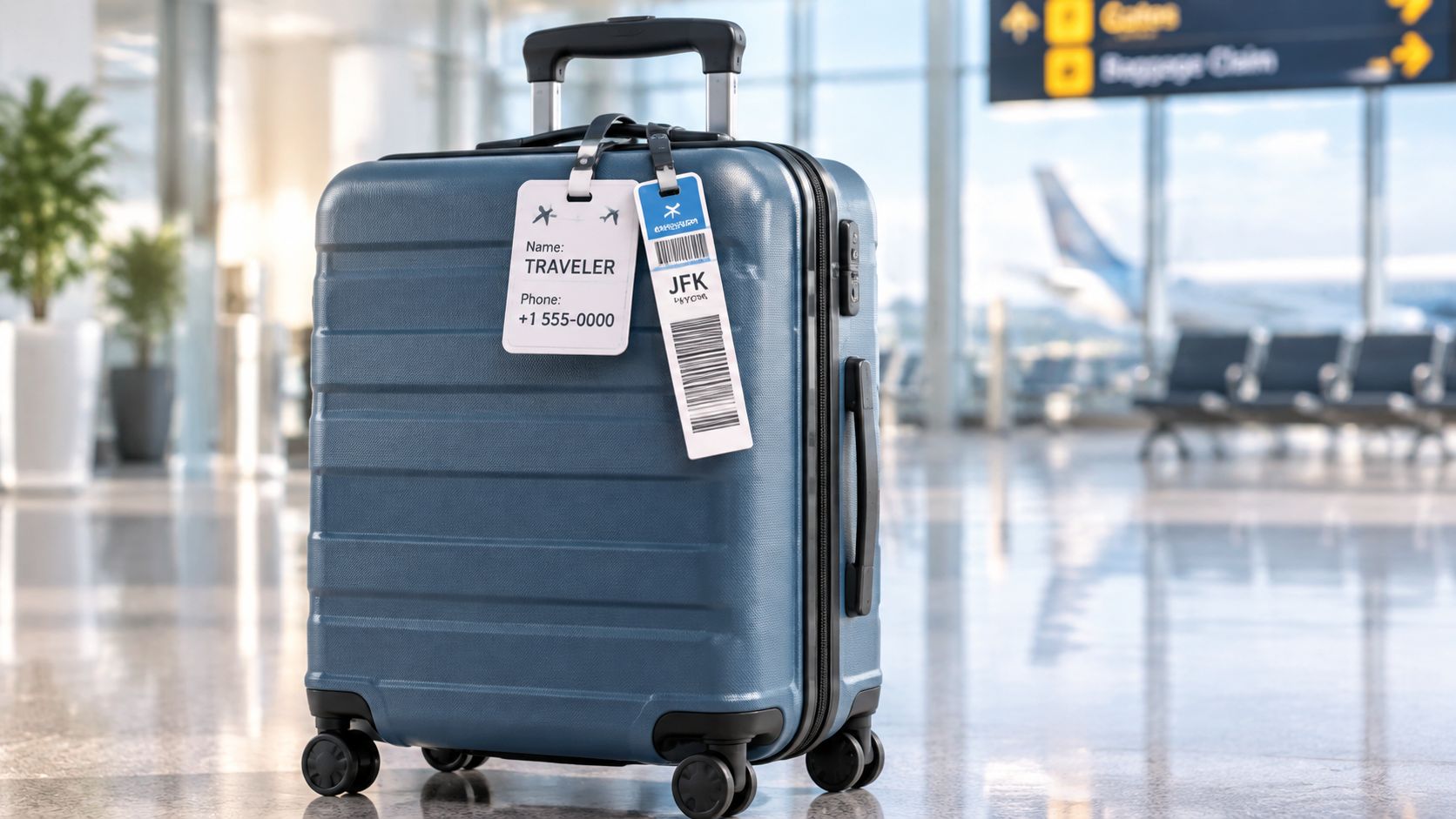 A blue rolling suitcase standing in an airport terminal with luggage tags attached to the handle.
