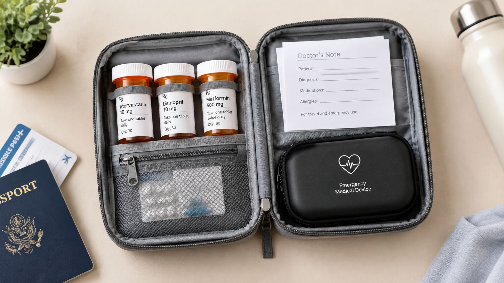 Open travel medical kit containing prescription medicine bottles, a doctor's note, and an emergency device.