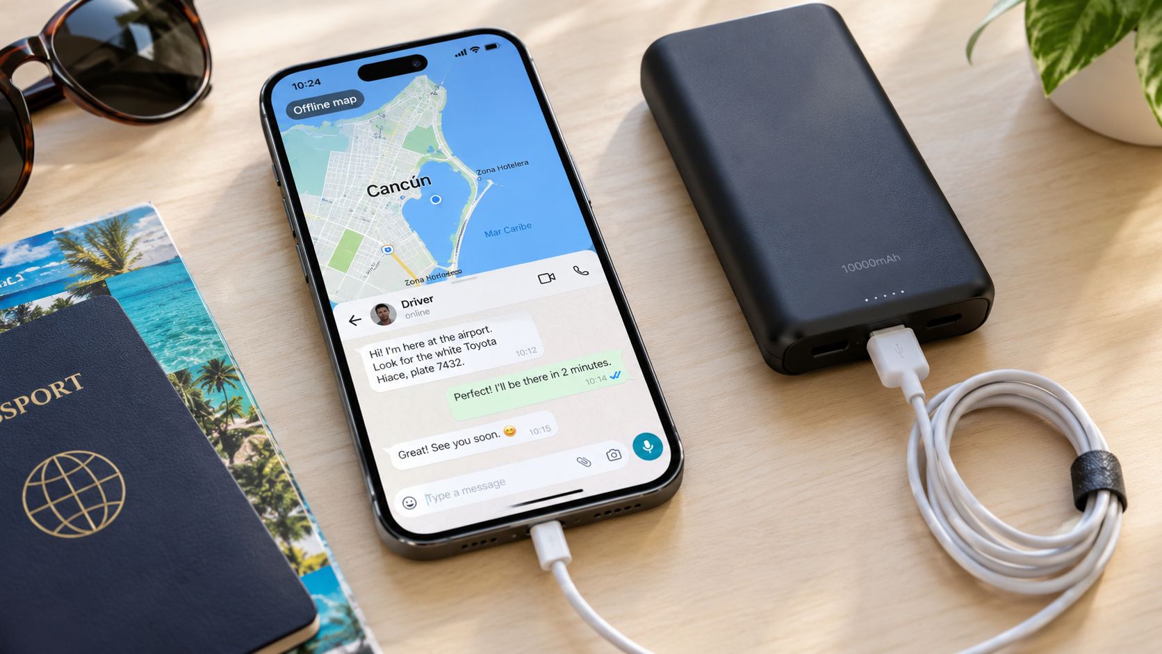 A smartphone showing a Cancun map and ride messages next to a power bank and passport.