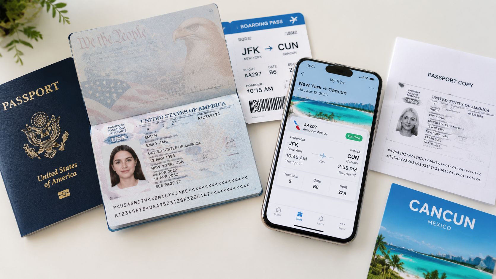 A travel flatlay featuring a US passport, digital boarding pass on a smartphone, and trip documents for Cancun.