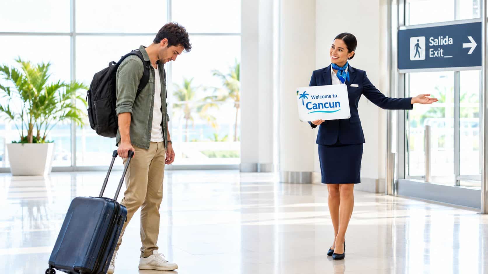 A professional airport host greets a weary traveler arriving in Cancun with a friendly welcoming sign.