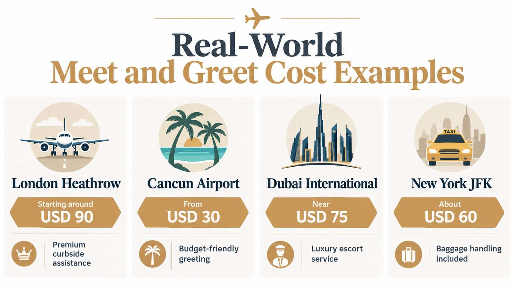 A graphic showing cost examples for airport meet and greet services at Heathrow, Cancun, Dubai, and JFK.