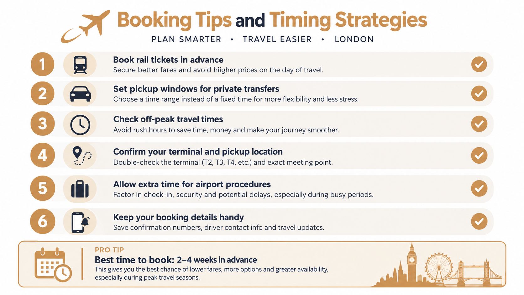 A travel infographic titled Booking Tips and Timing Strategies for planning transportation in London efficiently.