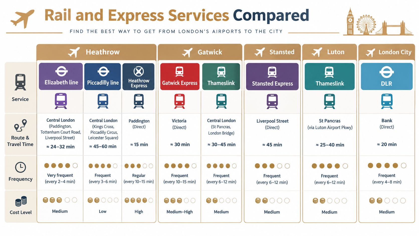 A comparison chart of various rail and express services from London airports to the city center.