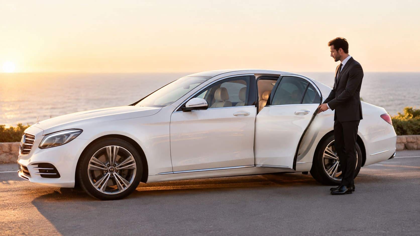 A professional chauffeur in a suit opens the rear door of a white luxury sedan by the sea.