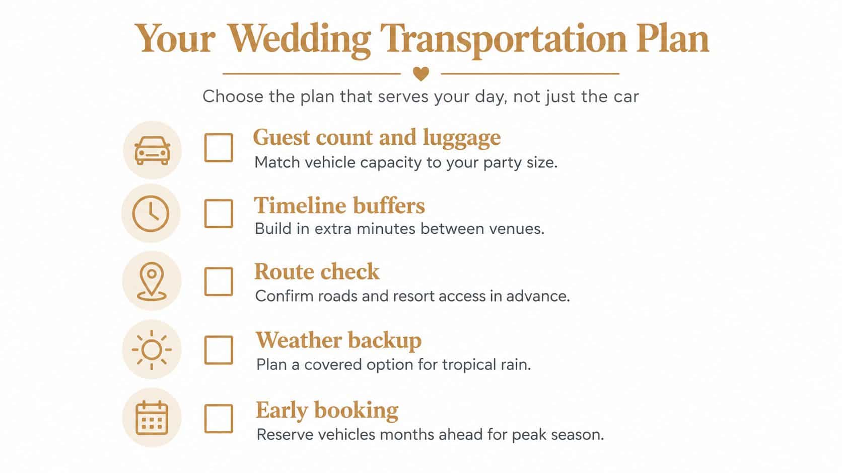 An infographic checklist for wedding transportation planning featuring icons for capacity, timing, route, weather, and booking.