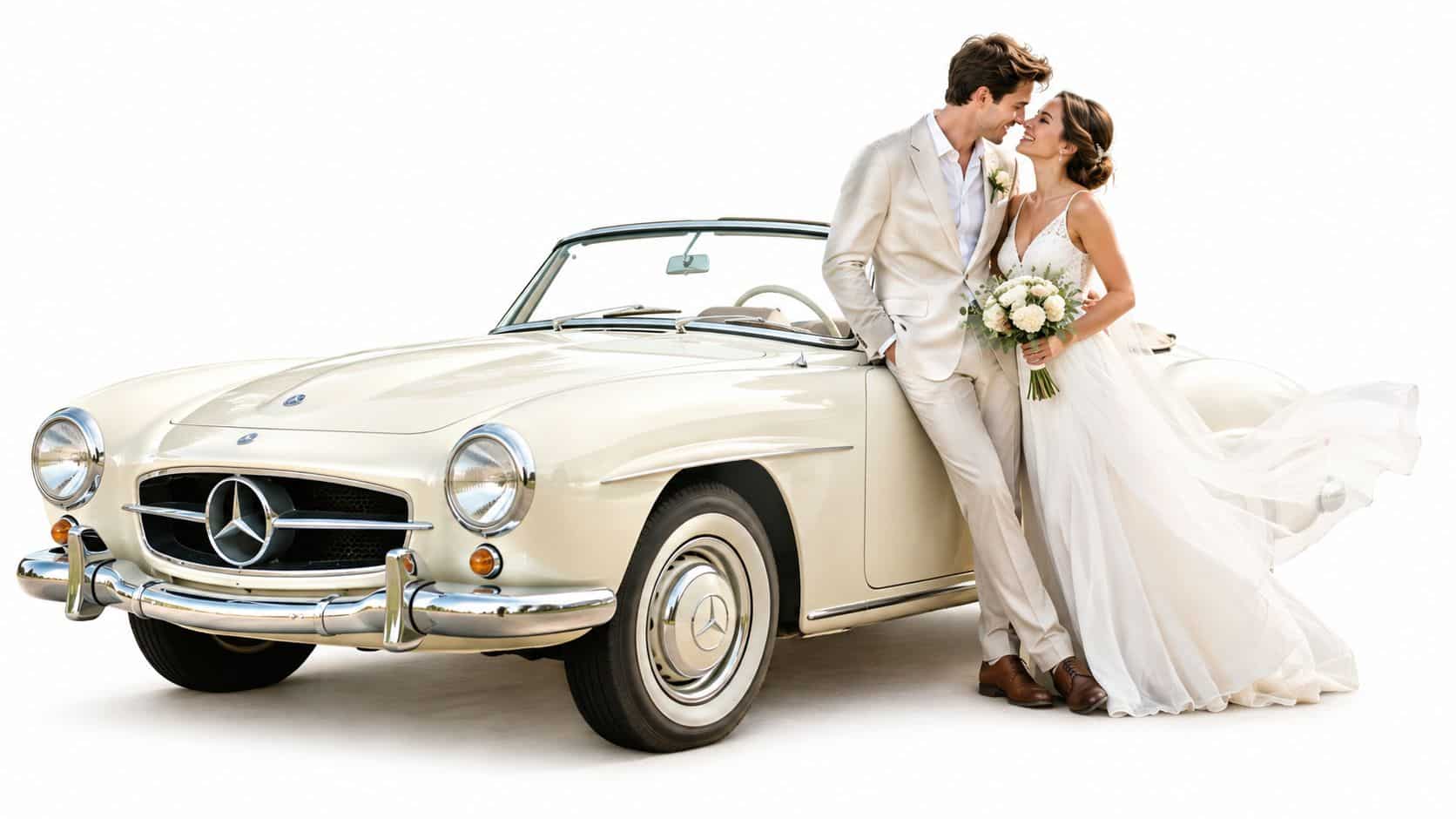 A newlywed couple smiling while leaning against a classic cream-colored vintage Mercedes convertible on their wedding day.