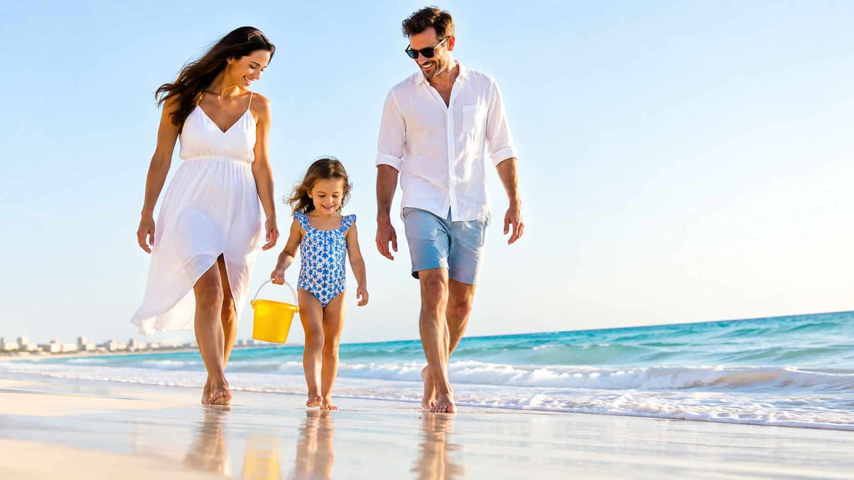 A happy family walking barefoot along the sandy beach in Cancun during a sunny vacation day.
