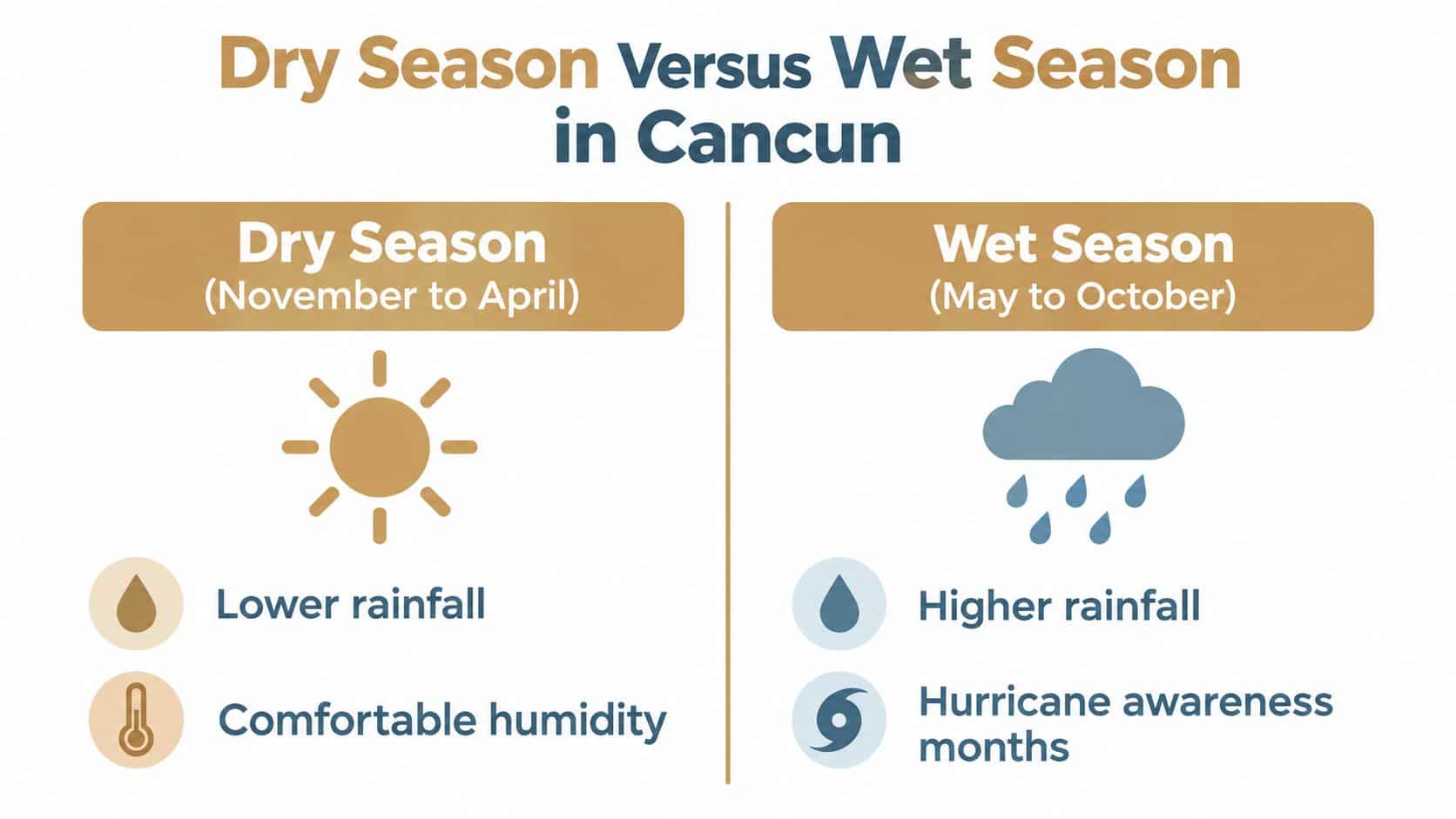 A comparison chart showing the dry and wet seasons in Cancun with weather characteristics and timeframes.