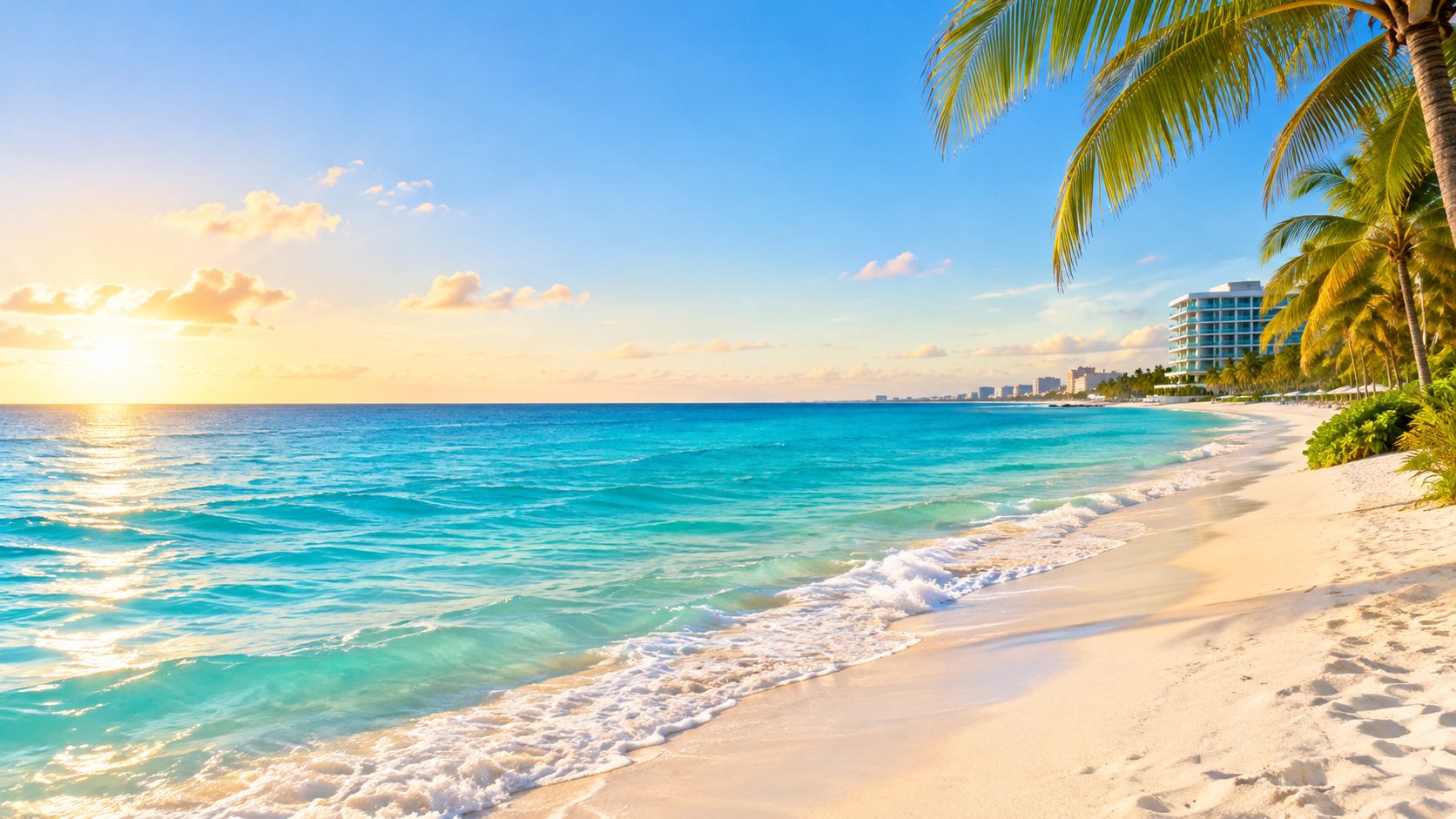 A scenic tropical beach in Cancun during a beautiful sunrise with turquoise ocean waves and palm trees.