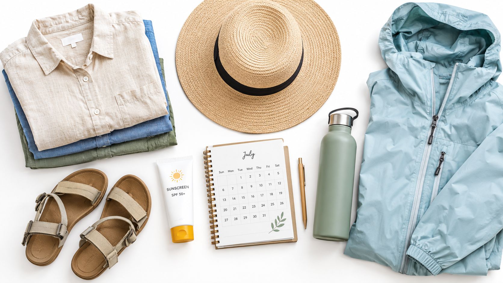 A flat lay of vacation items including clothes, a straw hat, sunscreen, calendar, sandals, and a jacket.