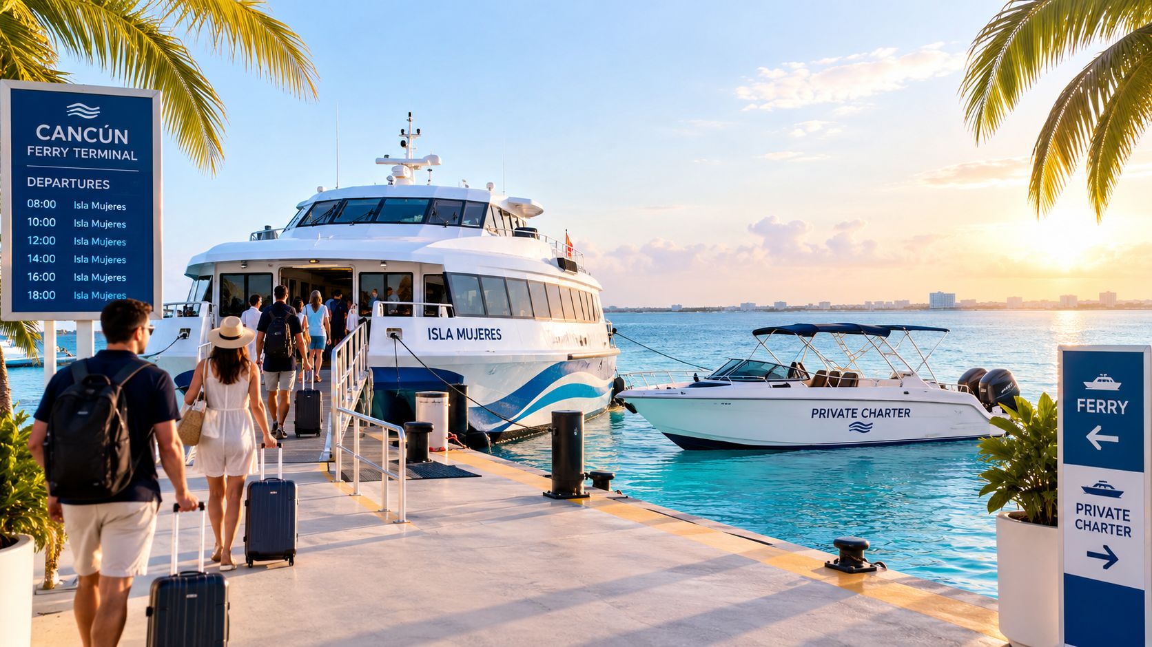 Passengers boarding a ferry at the Cancun Ferry Terminal for a trip to Isla Mujeres at sunset.